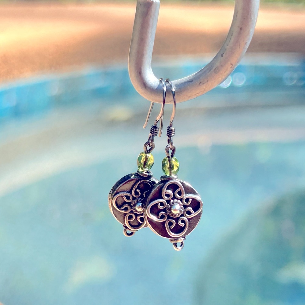 Handmade Pewter colored & Peridot bead drop earrings